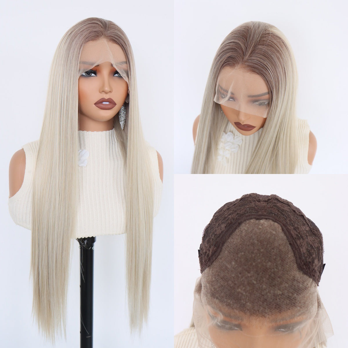 Lace Hand Crochet Gray Gold Gradient Color Hair Natural Fluffy Long Straight Wig
