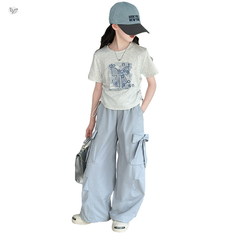 Overalls Medium Big Drawstring Bow Short Sleeve Wide Leg Pants Children's Suit
