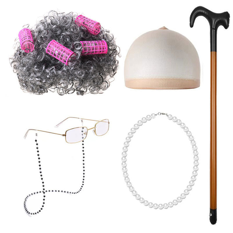 School Day Old Grandma Grandpa Crutches Lady Cos Wig
