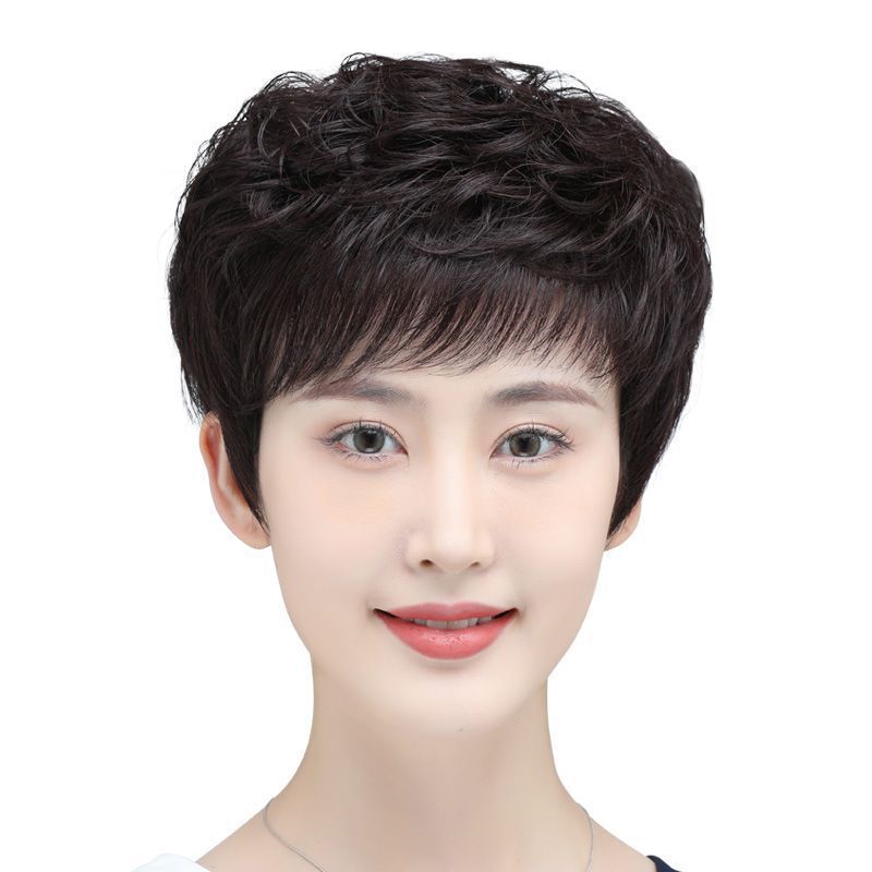 Women's Human Female Mother Style Top Cover Wig Short Curly Hair