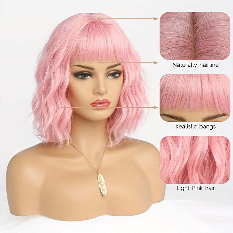 Women's Wavy White Bob Bangs Soft Synthetic Wig Short Curly Hair