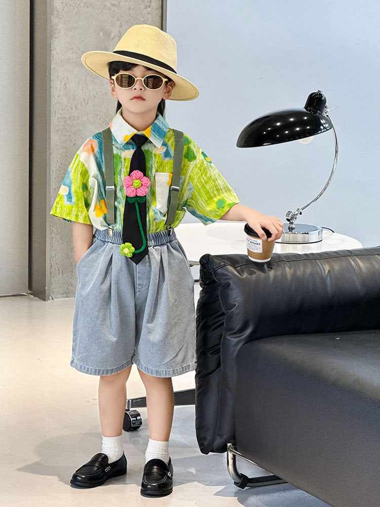 Denim Shorts Casual Printed Suspender Suit Performance Children's Shirt