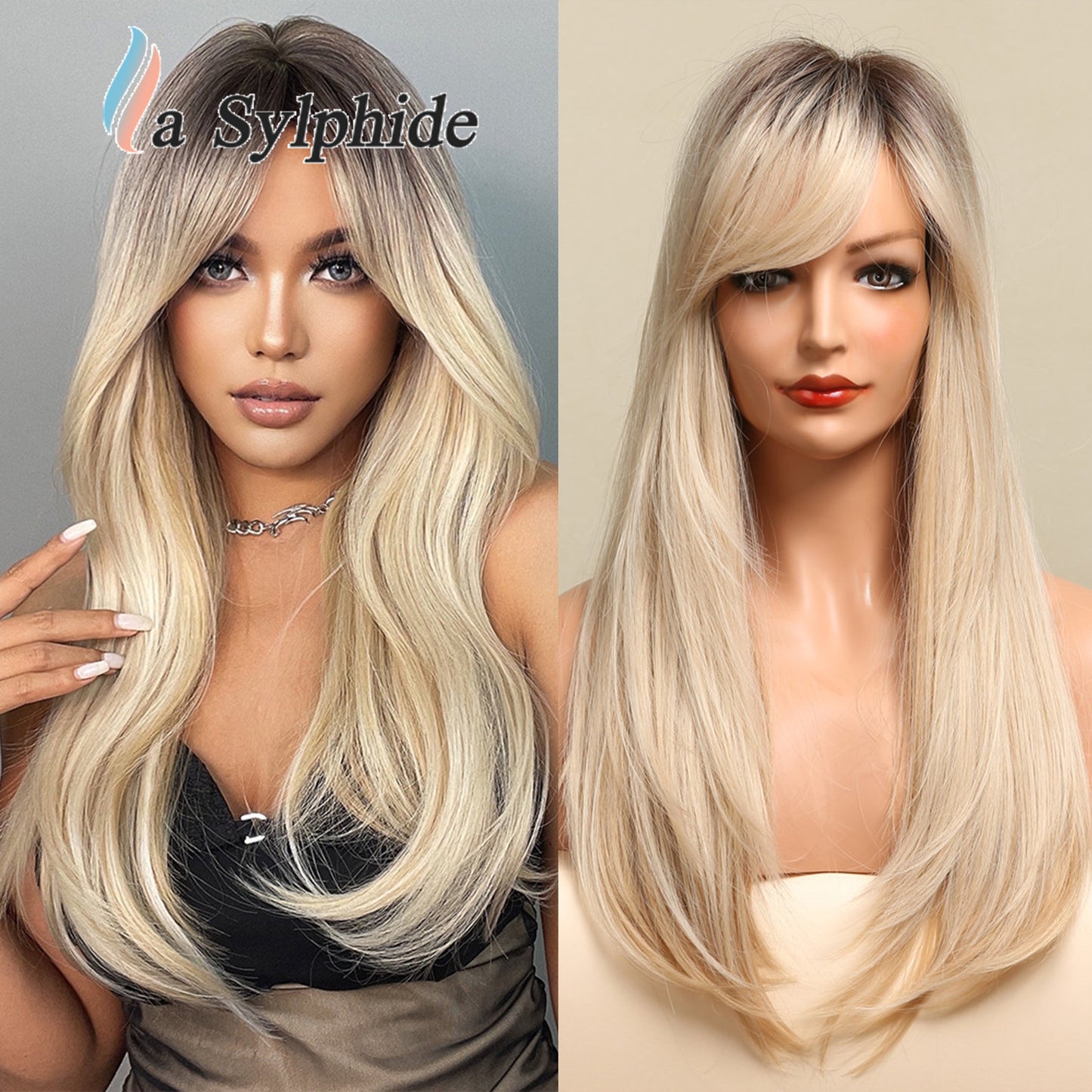 Hair Seam Gradient Golden Partial Rose Net Head Cover Chemical Long Straight Wig