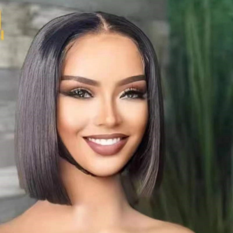 Attractive Human Closure Kim Bob Straight Real Hair Wig