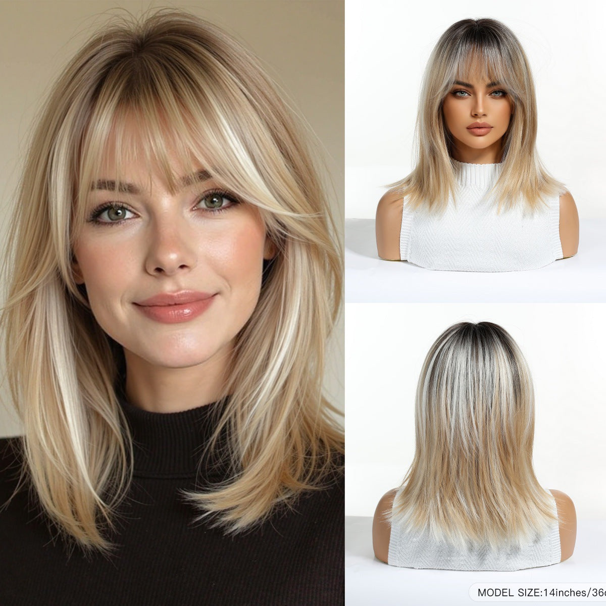 Golden Brown Highlight Air Bangs Natural Wig Short Straight Hair