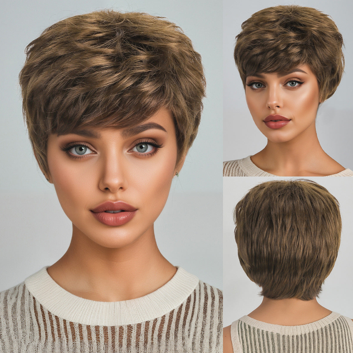 Women's Fashion Brown Bangs Full Top Wig Short Curly Hair