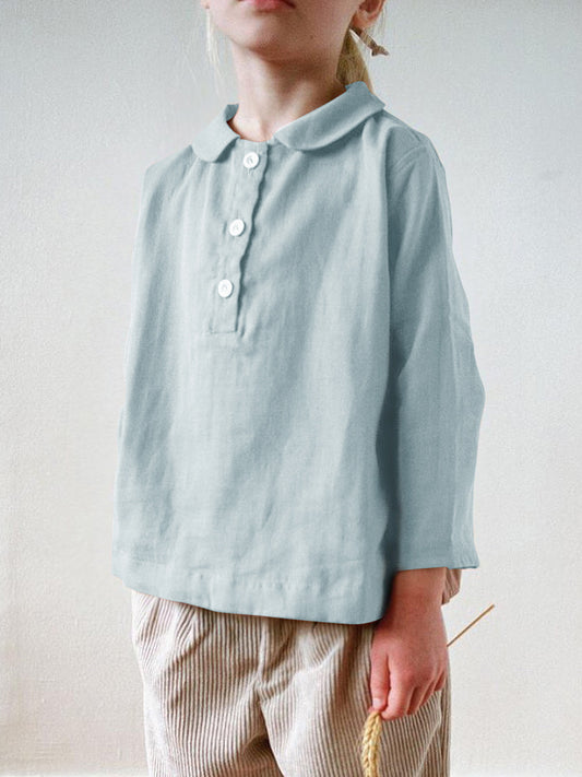Linen Blue Long Sleeved Mori Style Peter Pan Collar Blouse Children's Shirt