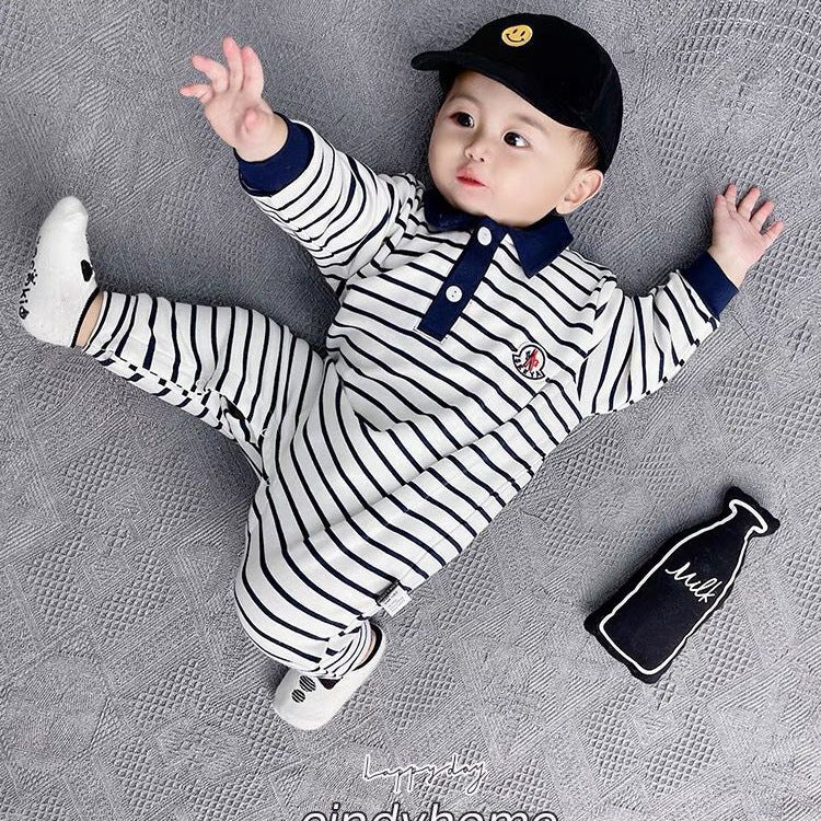 Striped Jumpsuit Pure Cotton Romper Boy's Lapel Jumpsuit, Climbing Suit