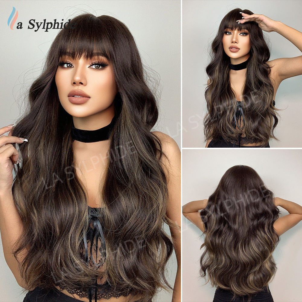 Female Brown Hair Hood Chemical Fiber Mechanism Simulation Natural Long Straight Wig