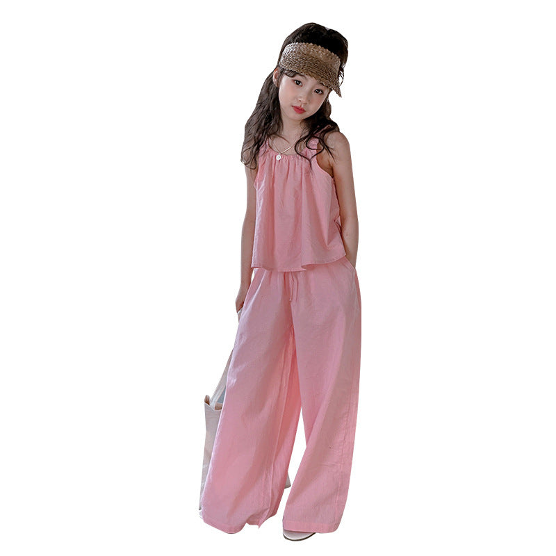 Summer Cotton Linen Sleeveless Pants Middle Big Korean Children's Suit