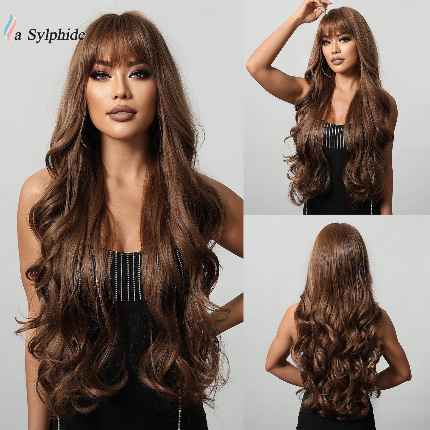 Female Big Wave Roman Curly Bangs Hair White Gold Color Wig Long Curls
