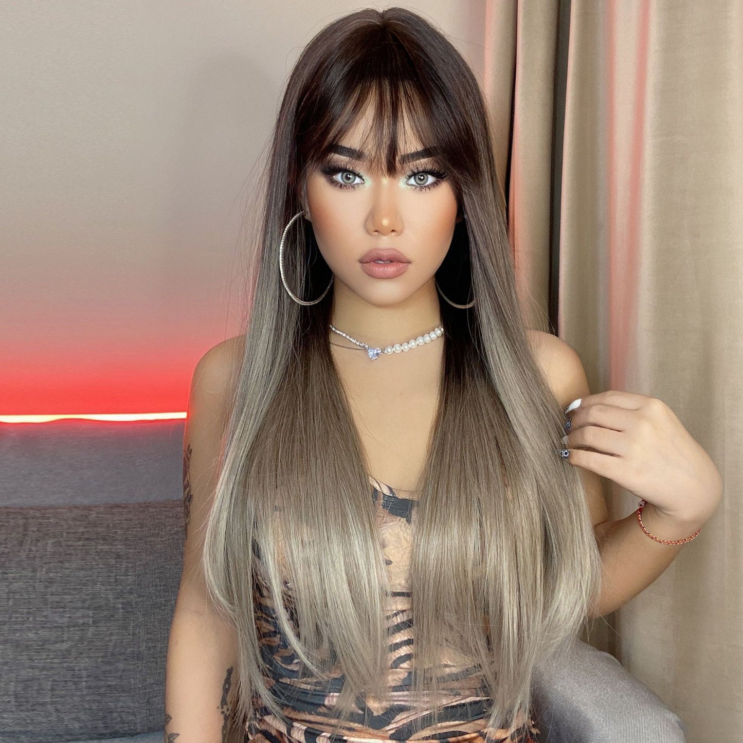 Bangs Gradient Gray Hair Chemical Fiber Head Long Straight Wig