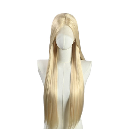 White Gold Color Large Area Hand Crochet Forehead Lace Female Long Straight Wig