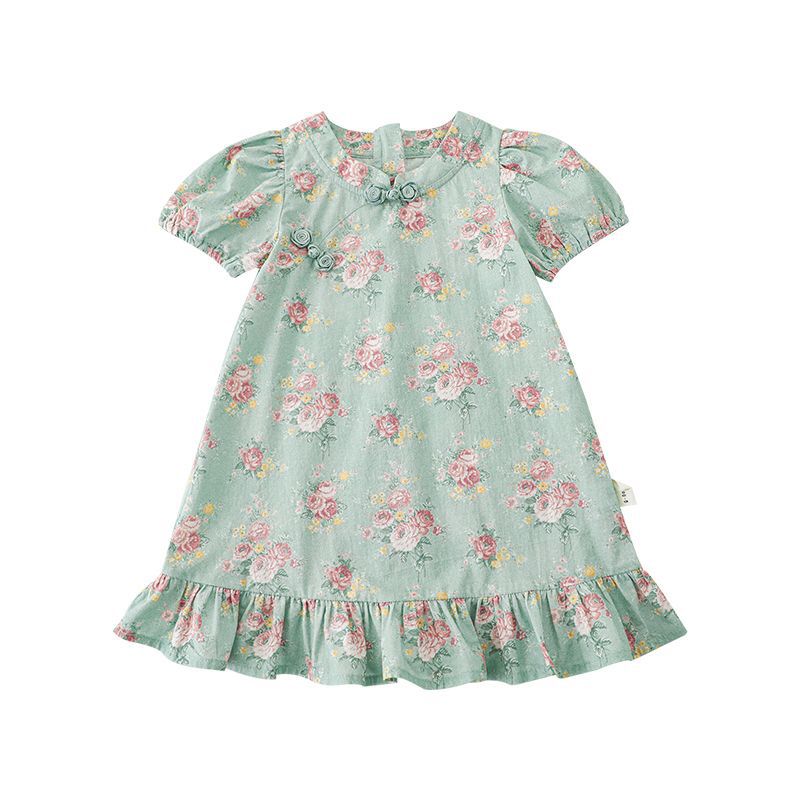 Cheongsam Summer Floral Puff Sleeve Chinese Style Rose Children's Dress