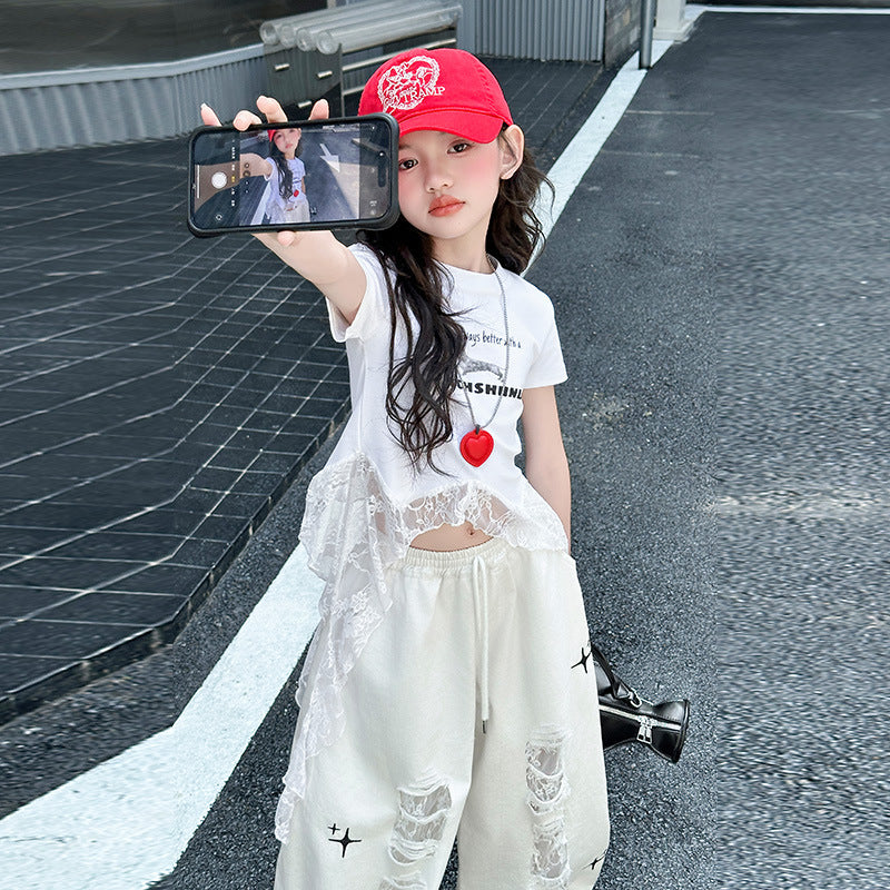 Jazz Dance Costume Summer Middle Big Lace Strap T-shirt Children's Suit