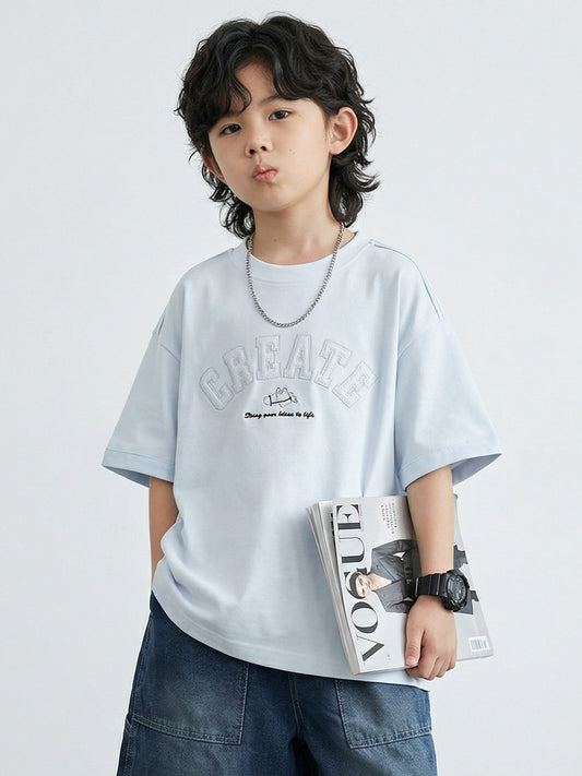 Children's Short-sleeved Summer Cotton Round Neck Top With Letters Embroidered Loose Children's T-shirt
