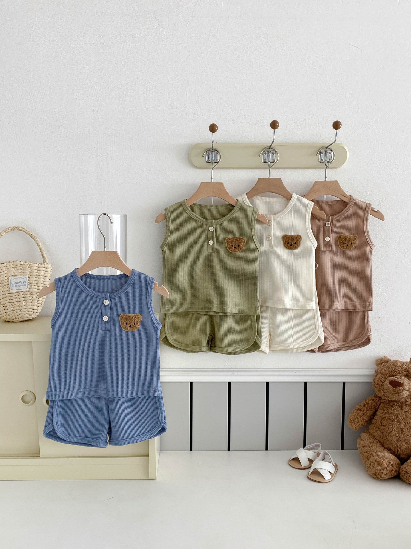 Summer Boys Waffle Bear Sleeveless Top Two-piece Children's Suit