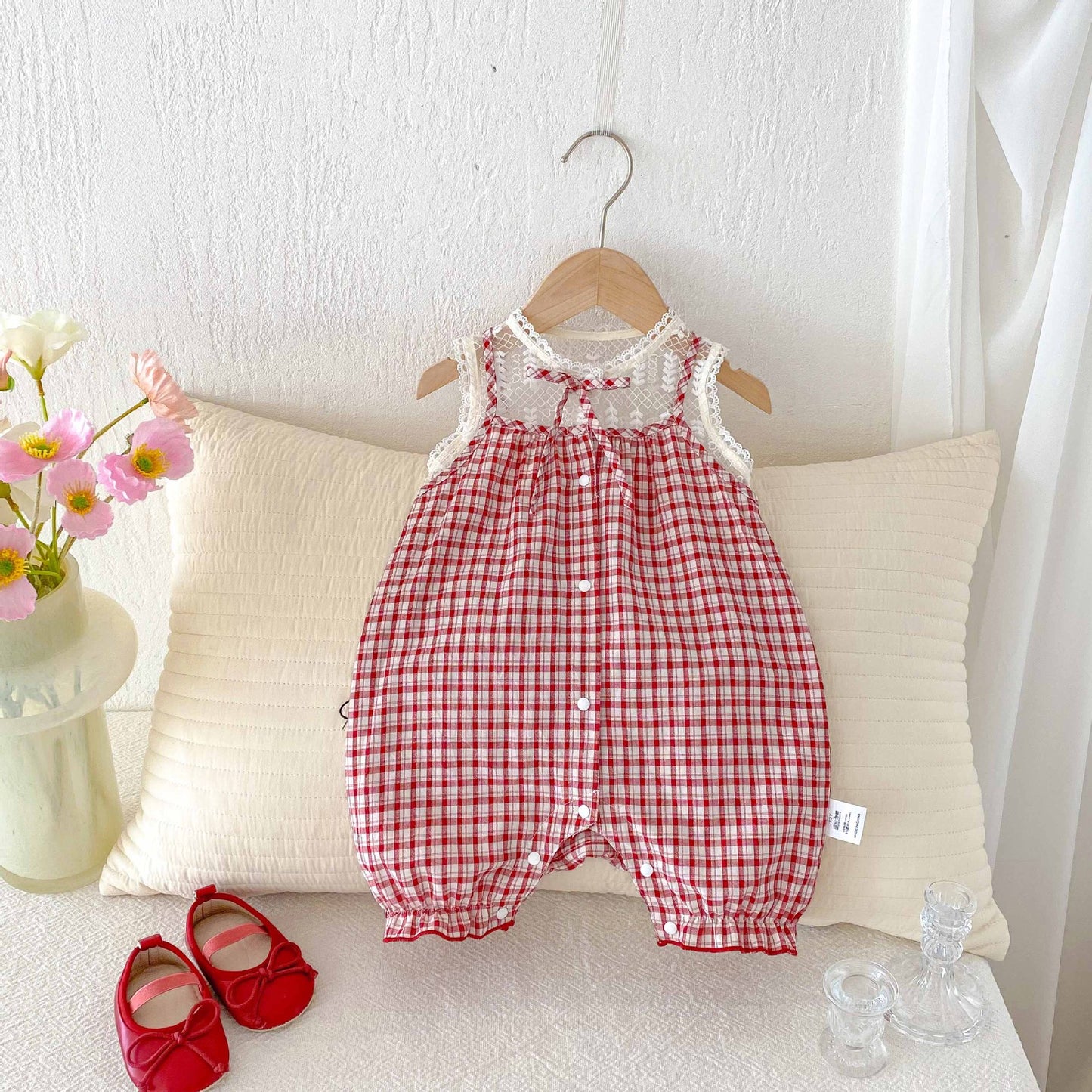 Korean Style Summer Clothes Fresh Lace Stitching Plaid Romper Born Jumpsuit, Climbing Suit