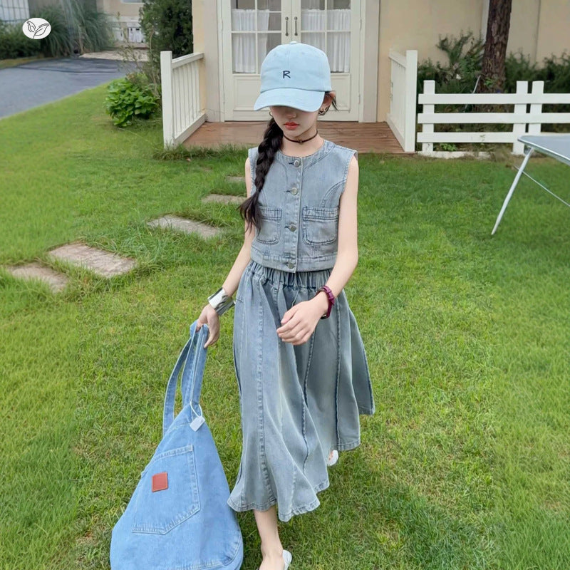 Children's Fashionable Vest Summer Medium Large Sleeveless Skirt Denim Children's Suit