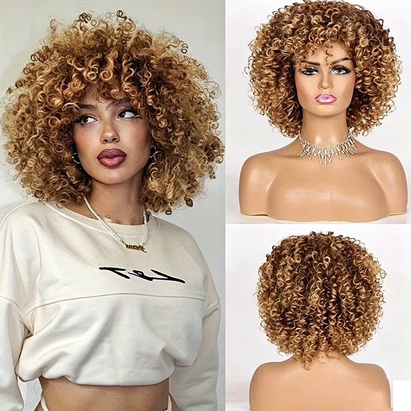 African Small Fluffy Fiber Corn Bronzing Wig Short Curly Hair