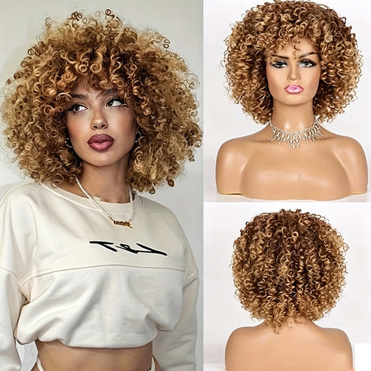 African Small Fluffy Fiber Corn Bronzing Wig Short Curly Hair