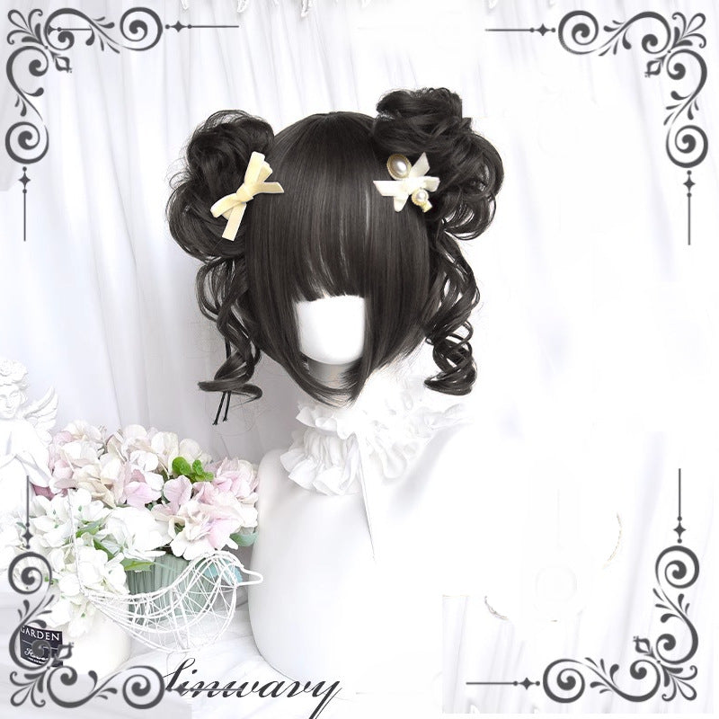 Lolita Grip Pairs Ponytail Roman Roll Feeling Golden Black Wig Short Curly Hair