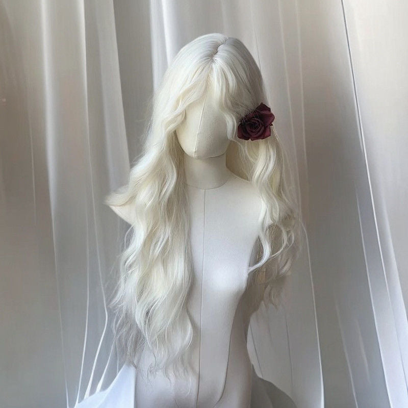 Women's Mid-length Bangs White Curly Hair Big Wave Feeling Wig Long Curls