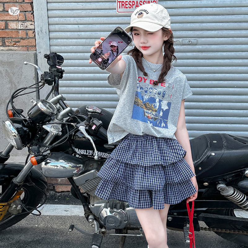 Printed T-shirt Tartan Skirt Medium Big Loose Cake Dress Short Children's Suit
