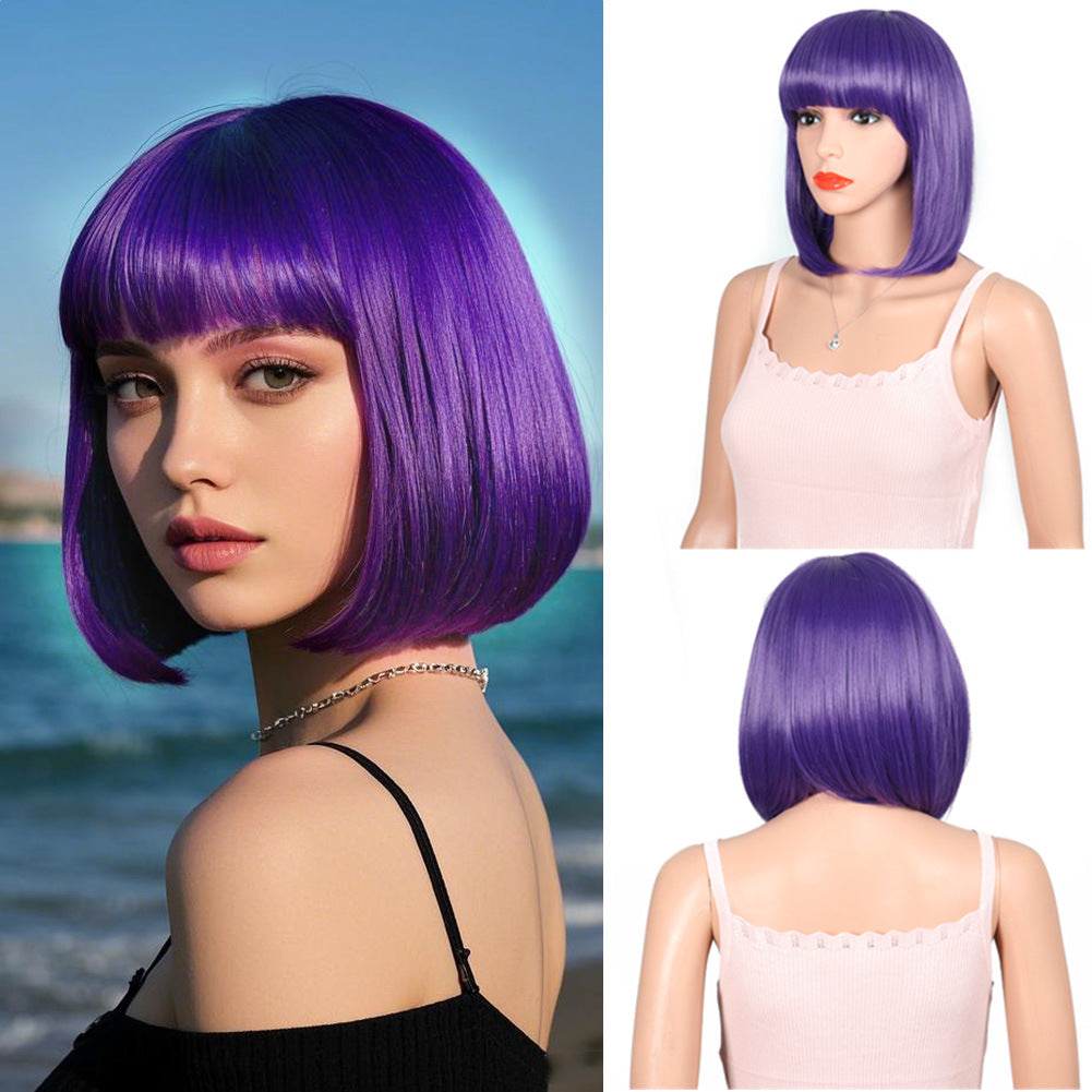 Women's Fashion Long Black Head Cover With Wig Short Straight Hair