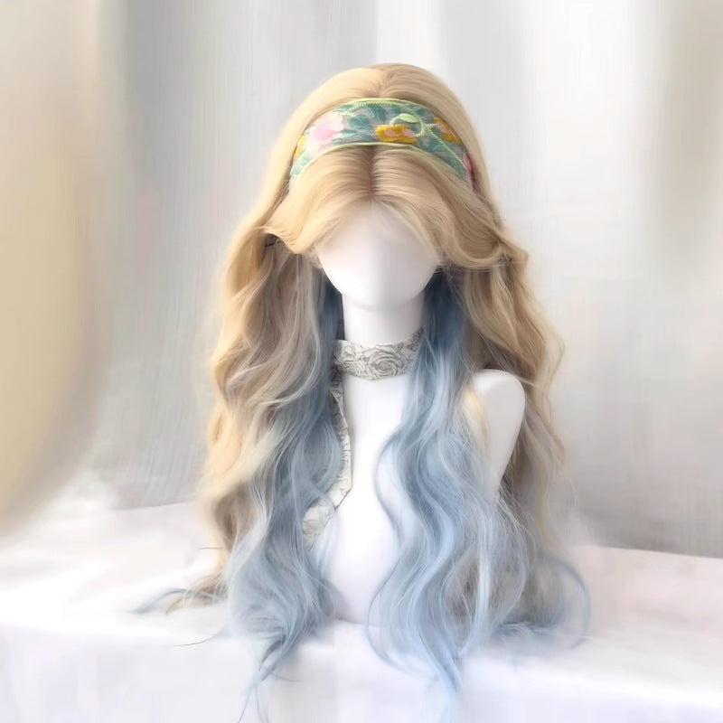 Female Platinum Color Gradient Blue Mid-length Bangs Curly Hair Natural Wig Long Curls