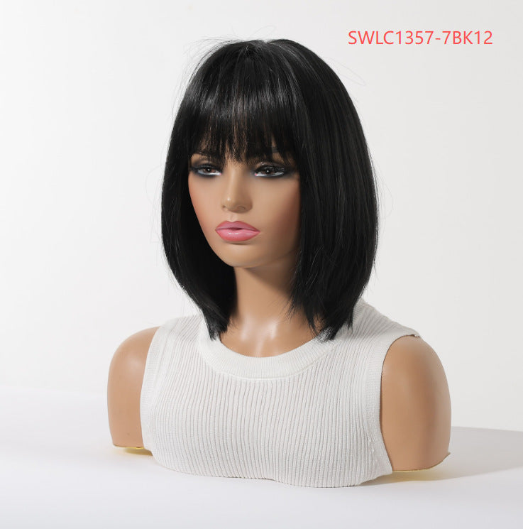 Women's Gradient Brown Highlights Artificial Human Fiber Wig Short Straight Hair