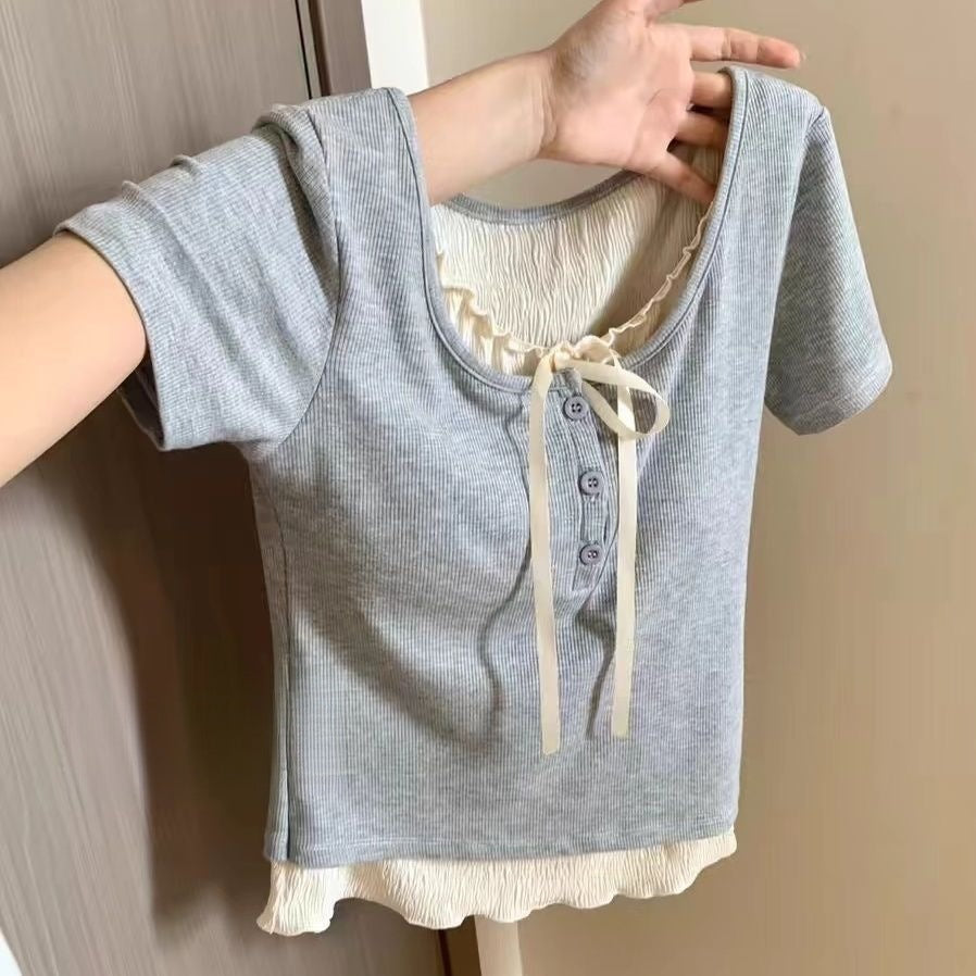 Children's Fake Two-piece Shoulder Short Sleeve Medium Big Sweet Cute Stylish Children's T-shirt