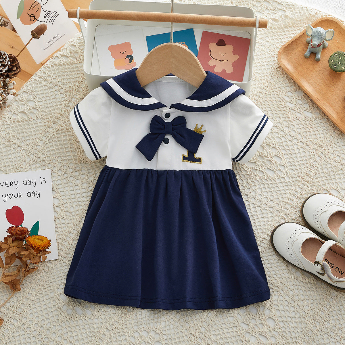 Children's Summer Navy Style Short Sleeve Fashion A- Line Children's Dress