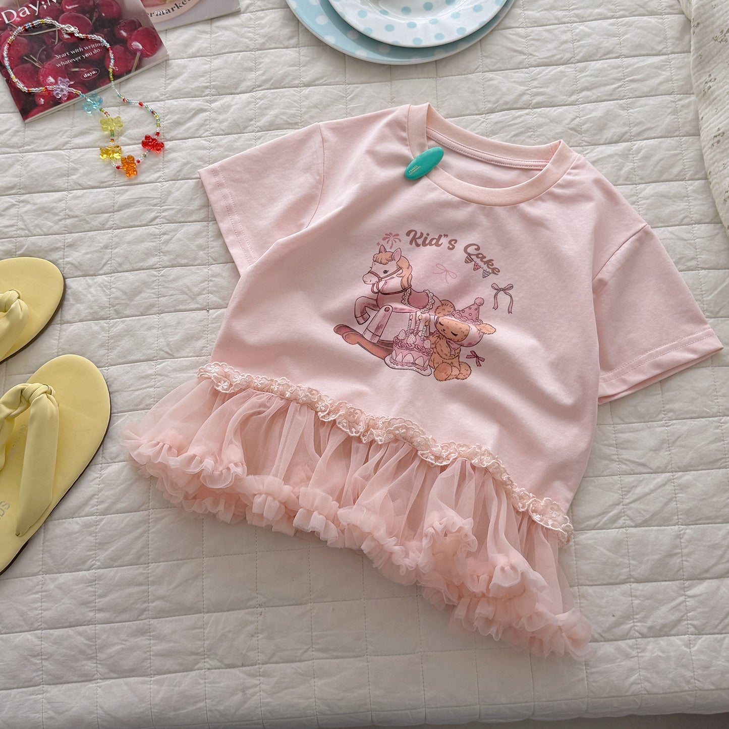 Breathable Rabbit Print Net Skirt Hemline Children's T-shirt