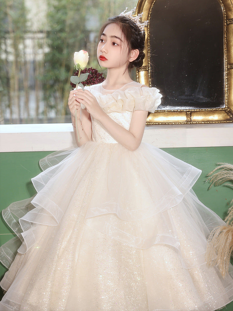 Evening Long Puff Yarn Host Performance Children's Dress