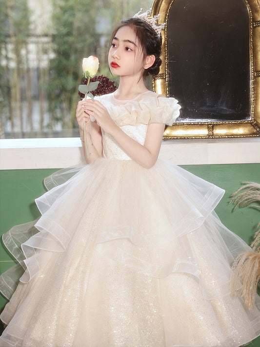 Evening Long Puff Yarn Host Performance Children's Dress
