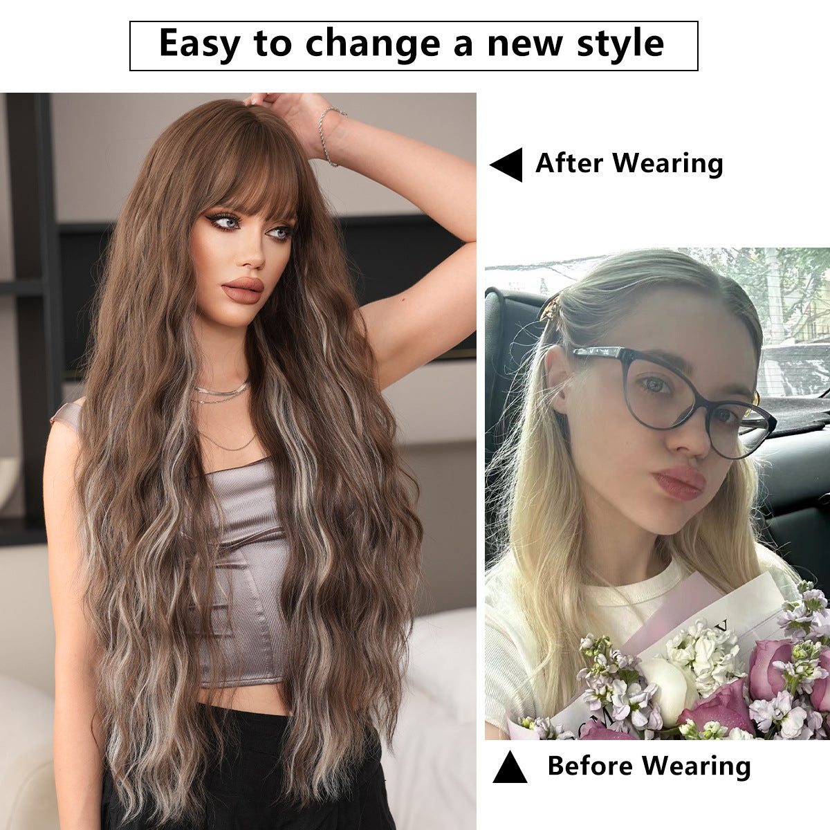Hair Bangs Brown Dyed Gray Heat Wig Long Curls