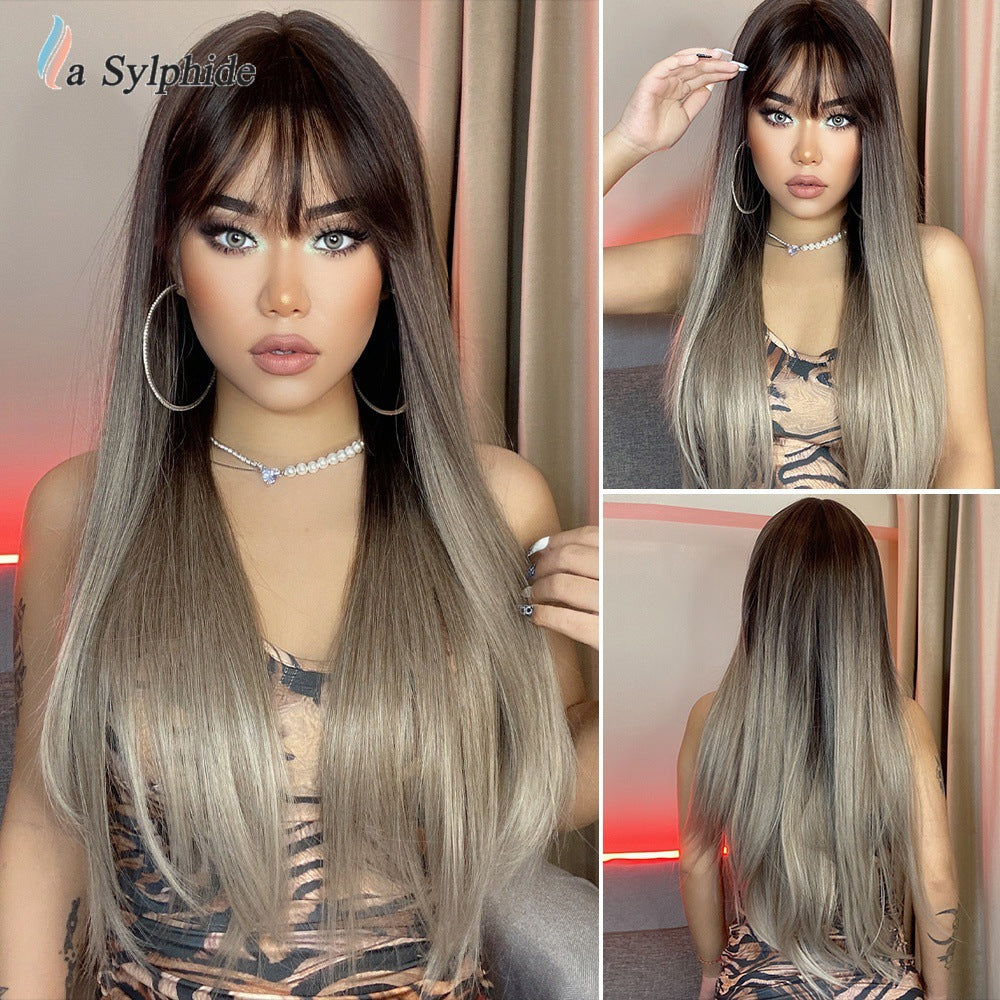 Female Brown Hair Hood Chemical Fiber Mechanism Simulation Natural Long Straight Wig