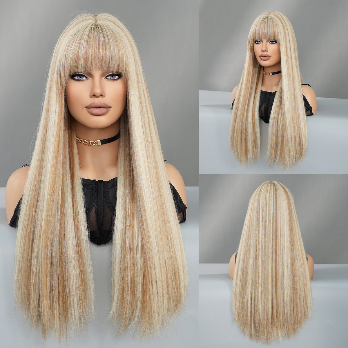 Women's Linen Brown Highlight Hair Fashion Chemical Long Straight Wig