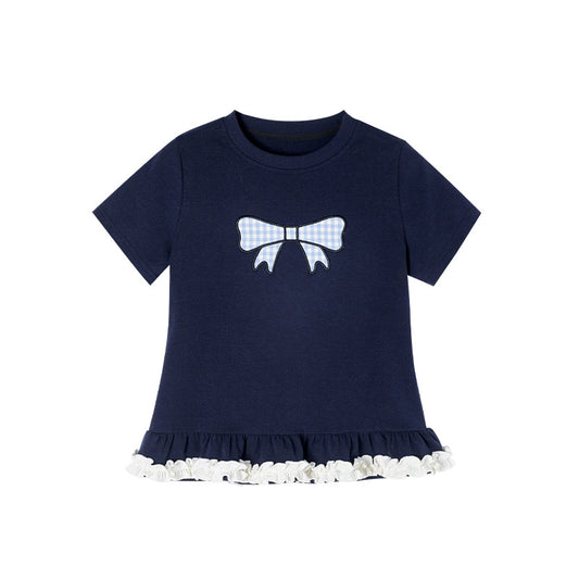 Contrast Color Bow Lace Hem Summer Breathable Short Sleeve Children's T-shirt