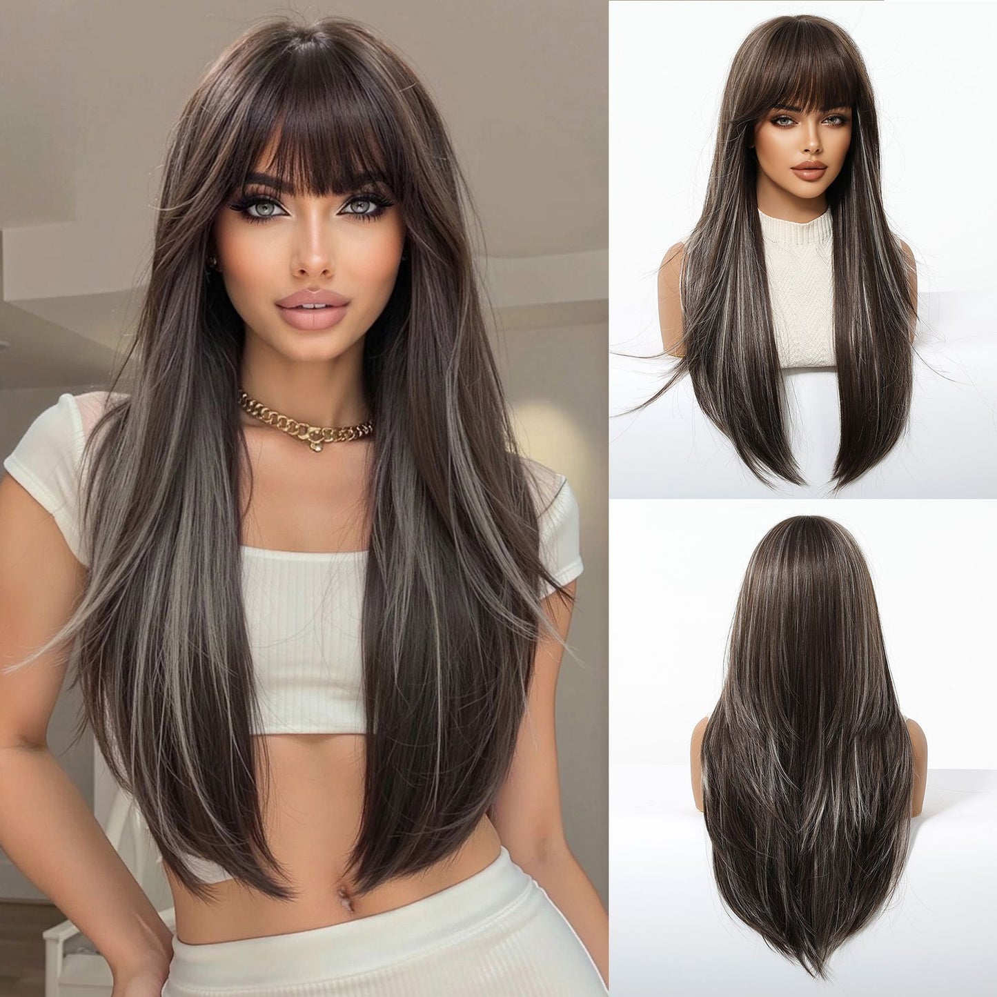 Female Air Bangs Brown Gradient Golden Long Straight Wig