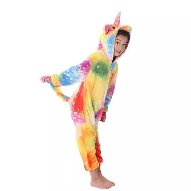 Children's Cartoon Animal One-piece Pajamas Rainbow Flannel Lion Cute Long Jumpsuit, Climbing Suit