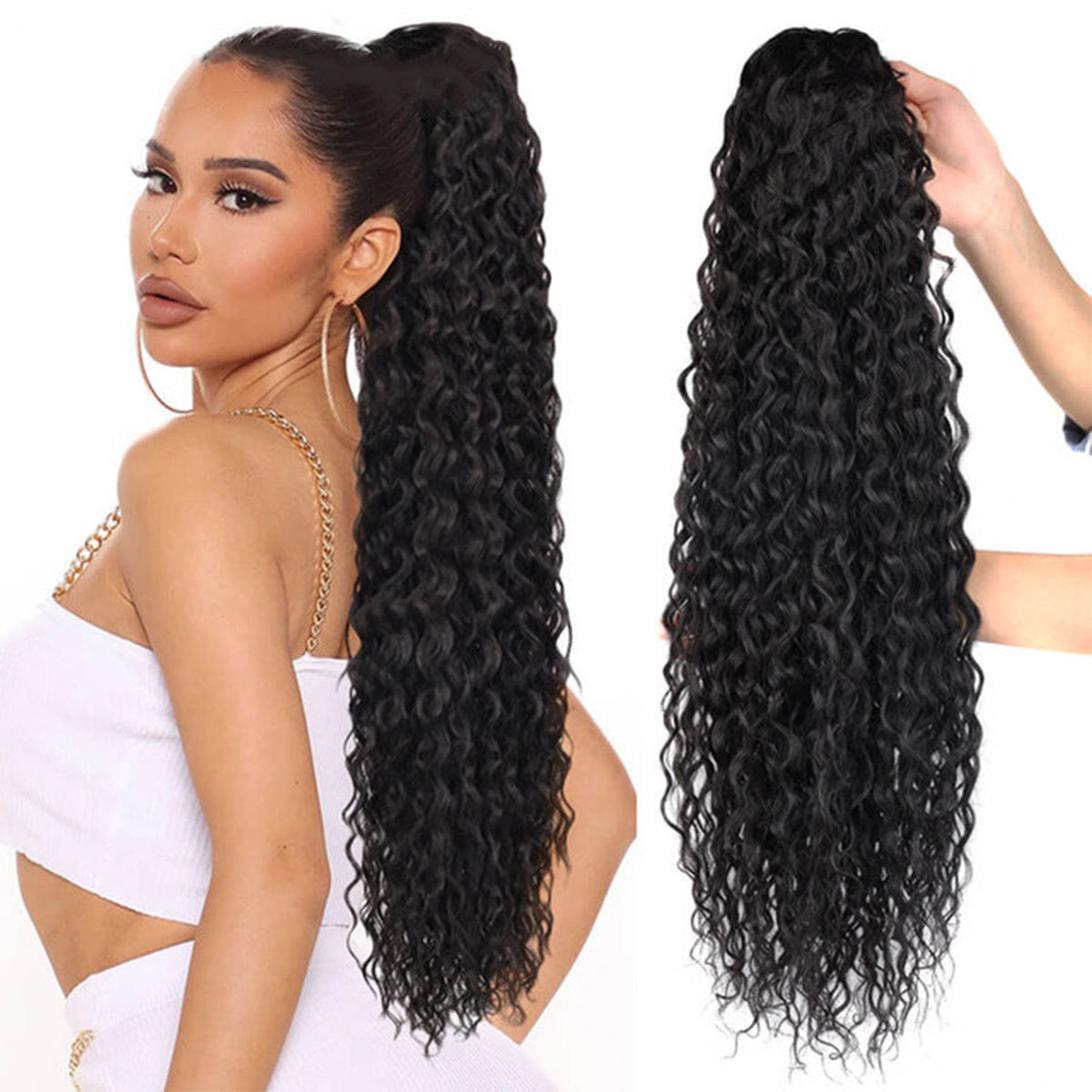 Female Horse Tail Black Curly Hair Drawstring Fluffy Wig Ponytail