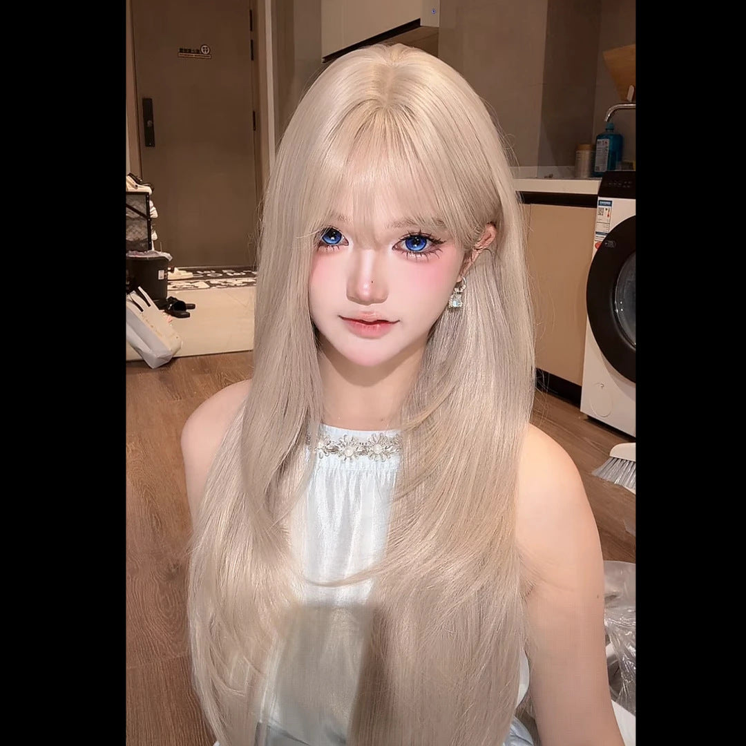 Women's Coney Milk Tea White Gold Color Bangs Long Straight Wig