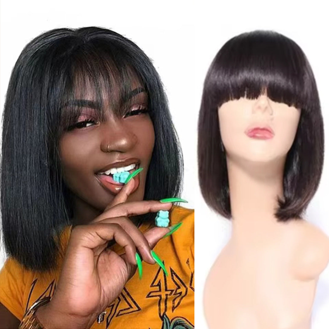 Real Human Mechanism Wave Head Cover Wig Short Straight Hair