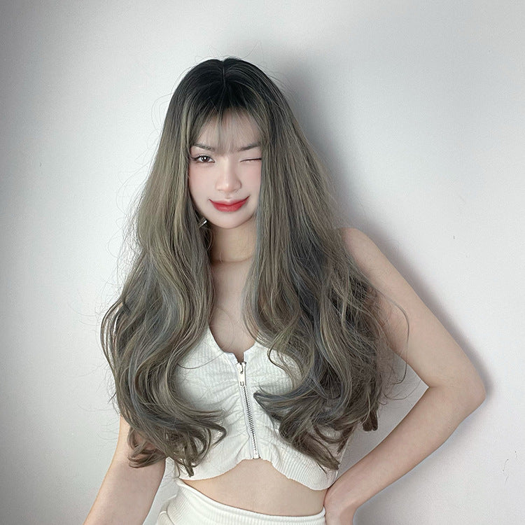 Wave Highlight Gradient Color Air Bangs Fashion Temperament Head Cover Long Straight Wig