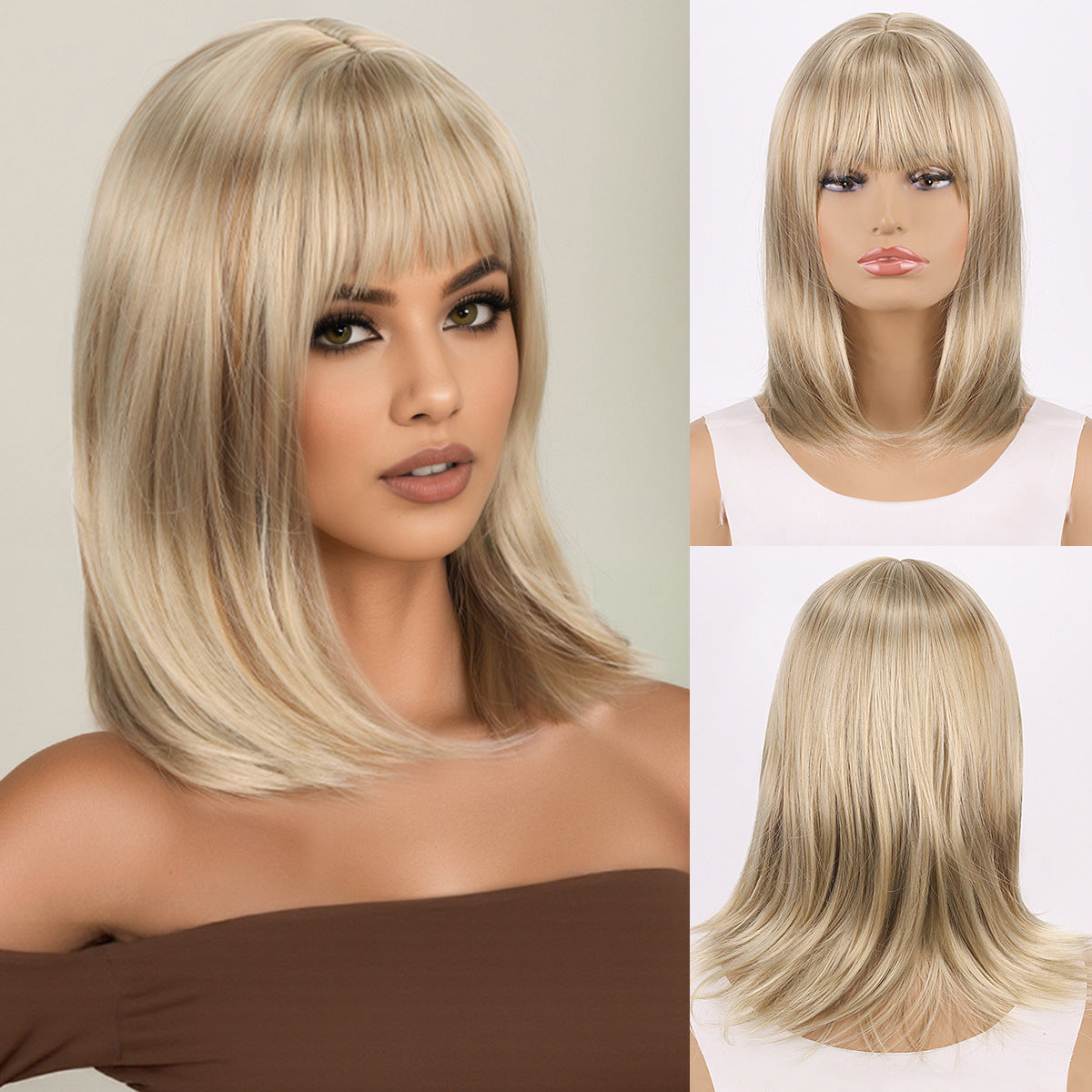 Bangs Golden Medium Long Chemical Fiber African Wig Short Straight Hair