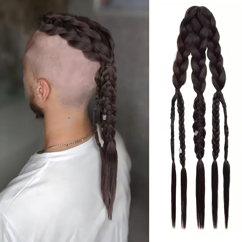Men's Viking Dreadlocks Hand-woven Barrettes Button Batch Wig Ponytail