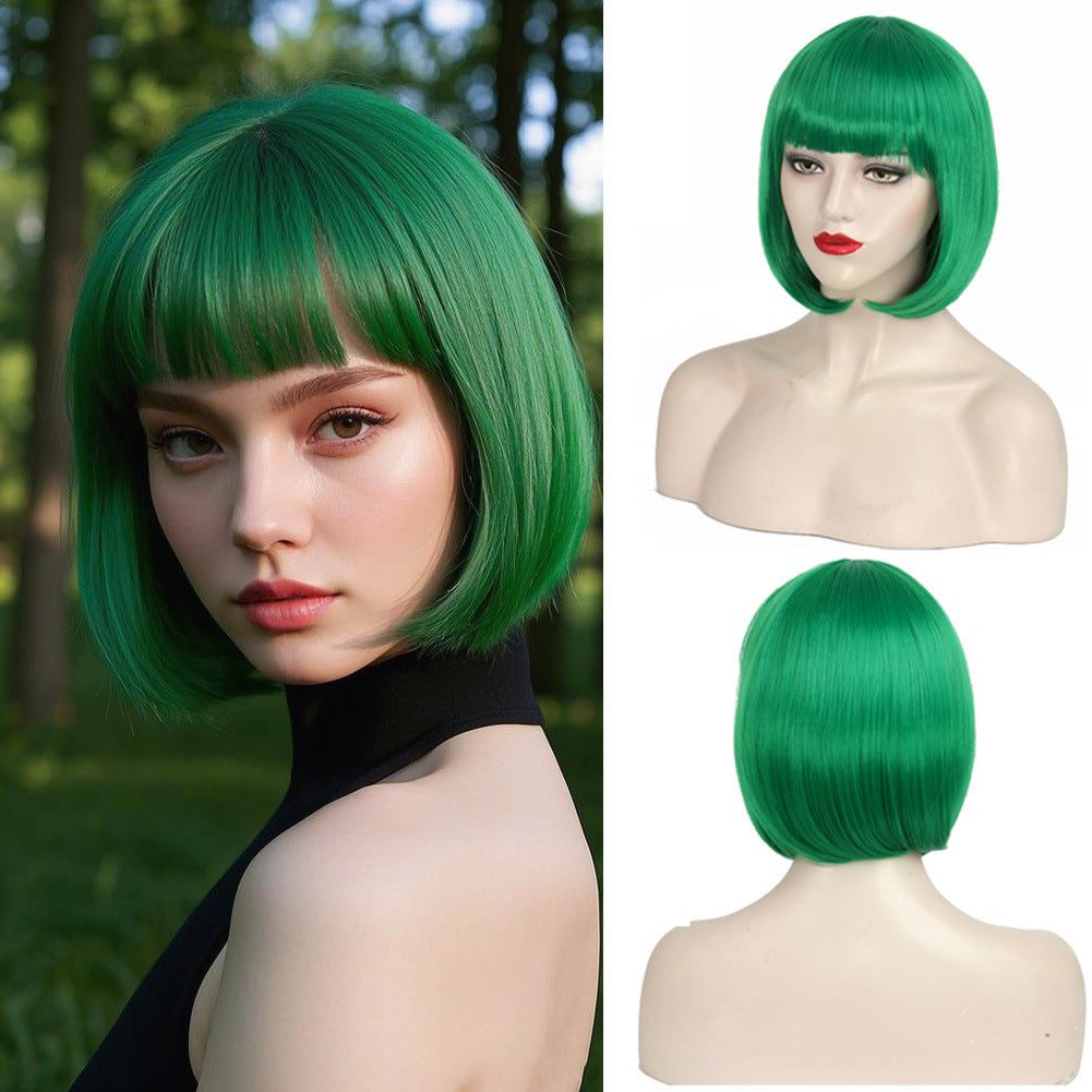 Women's Fashion Long Black Head Cover With Wig Short Straight Hair