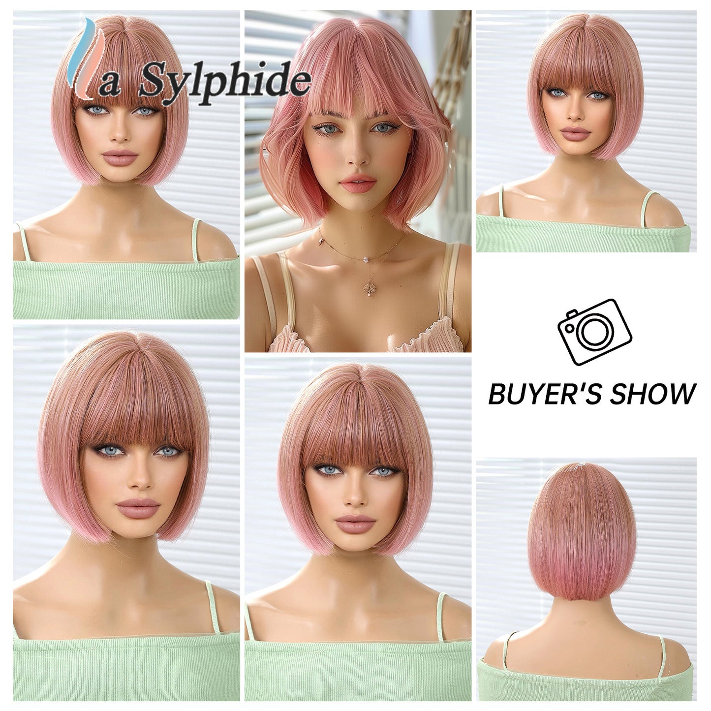 Women's Head Cut Pink Bangs Universal Halloween Wig Short Straight Hair